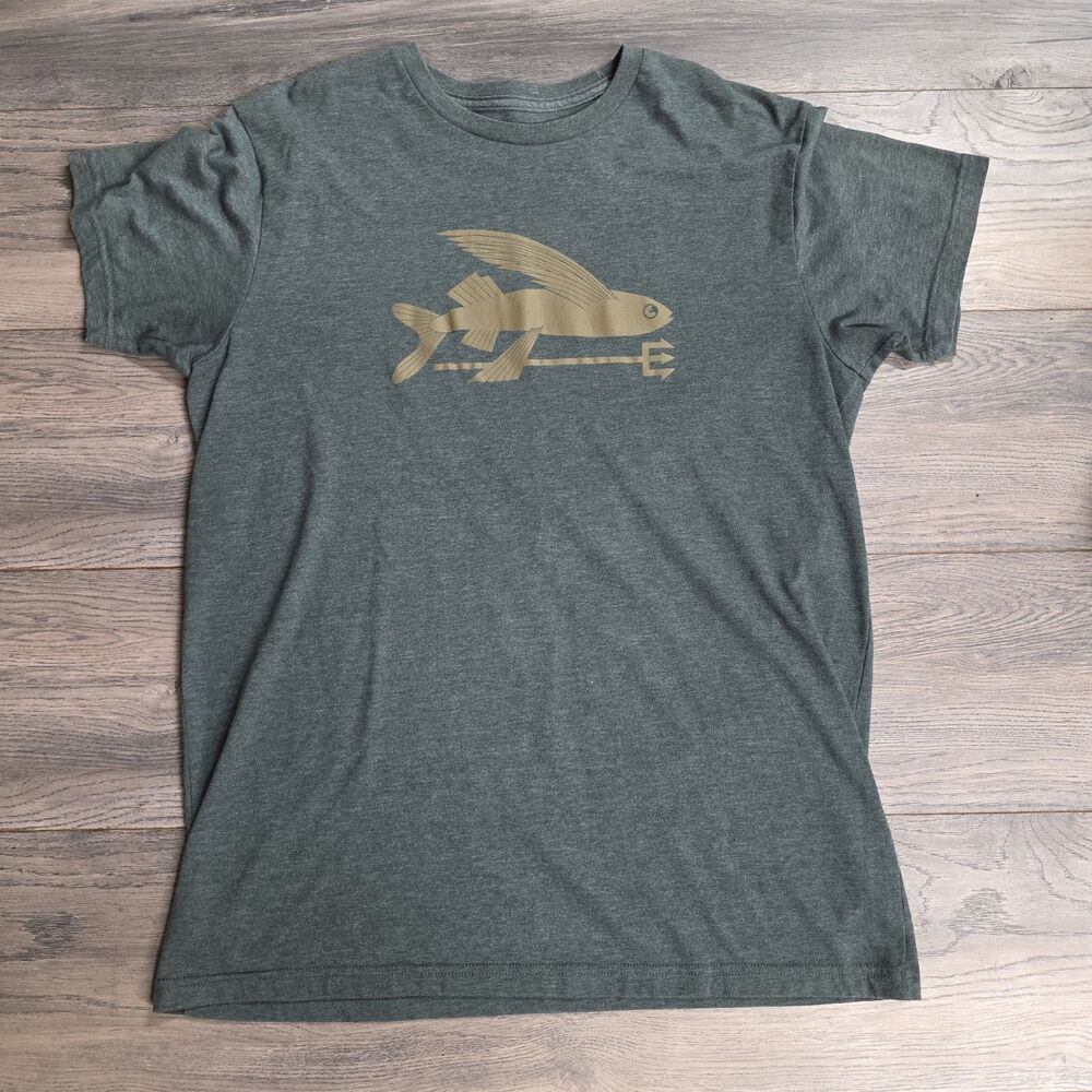 Patagonia Grey T-Shirt Salmon Flying Fish Trident Mens Size L Slim Fit
